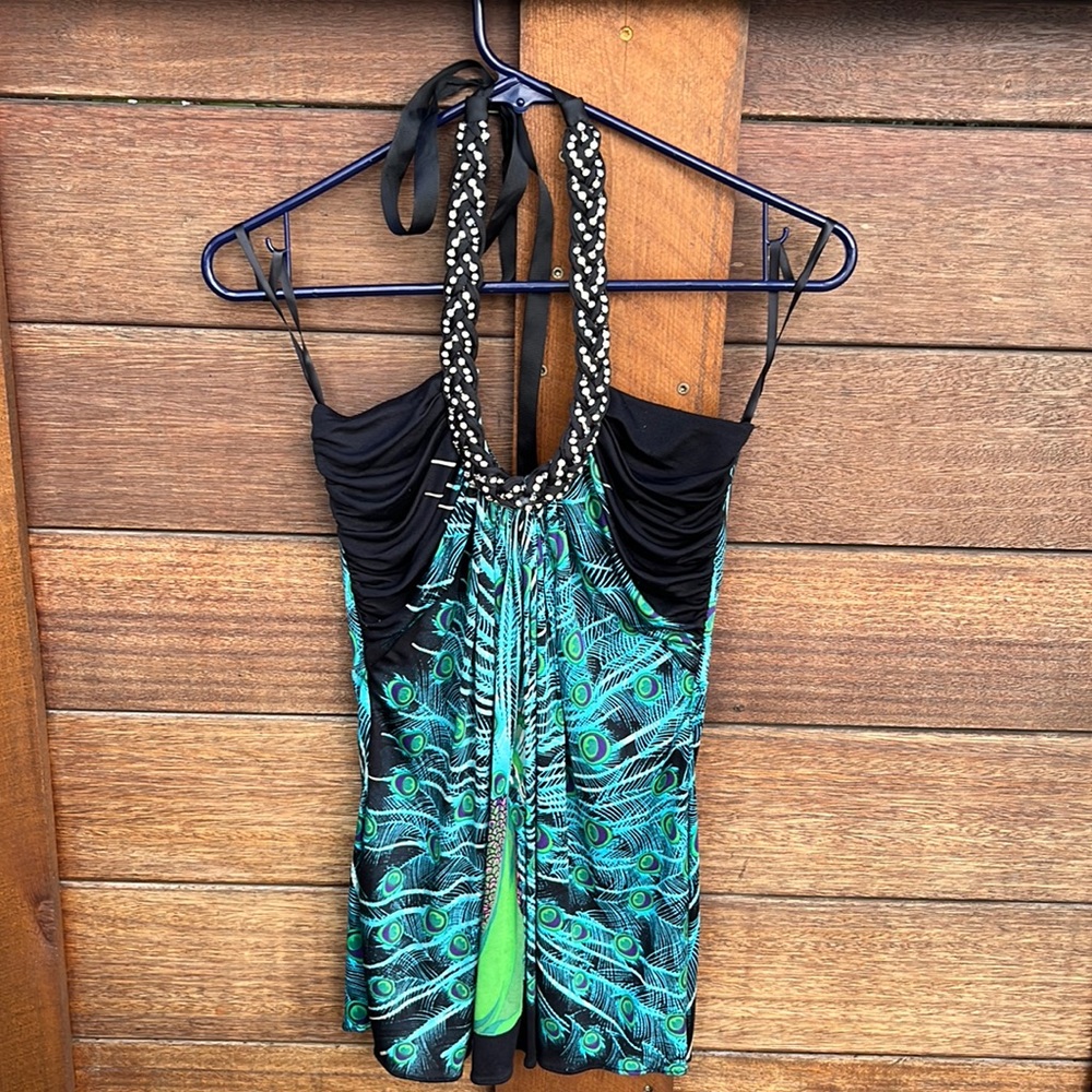 Sky halter top with embellished front peacock like print